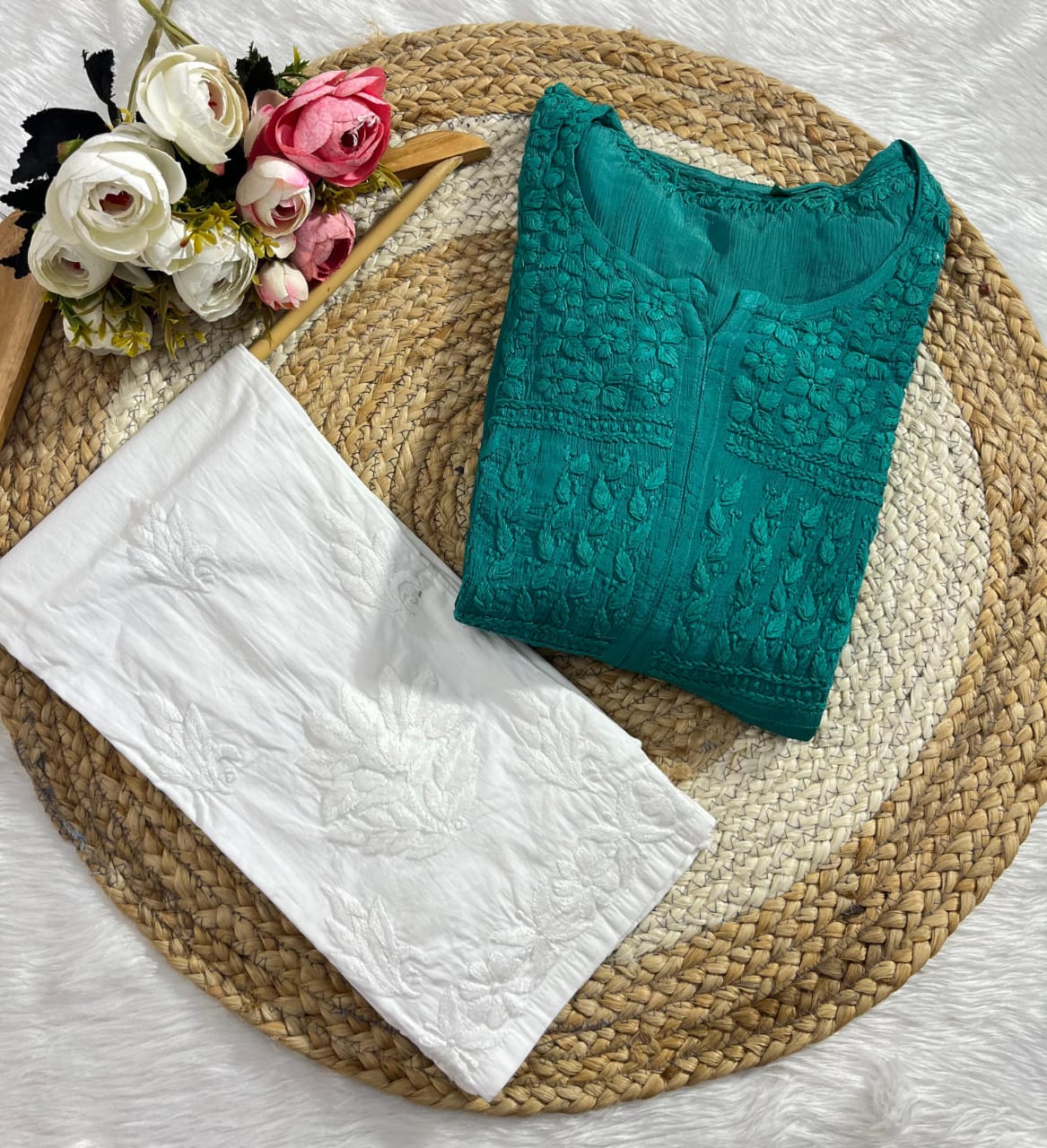 Emerald Green Chinon Nyra Style 3D handwork Lucknow Chikankari Kurti Set