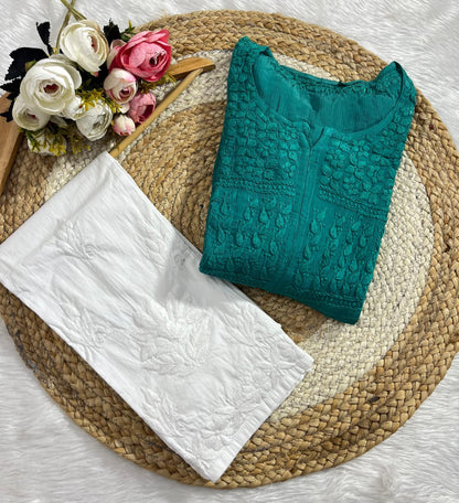 Emerald Green Chinon Nyra Style 3D handwork Lucknow Chikankari Kurti Set