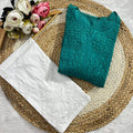 Emerald Green Chinon Nyra Style 3D handwork Lucknow Chikankari Kurti Set