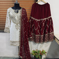 Maroon Women's Heavy Embroidery Faux Georgette Sharara Gharara Suit Set with Dupatta