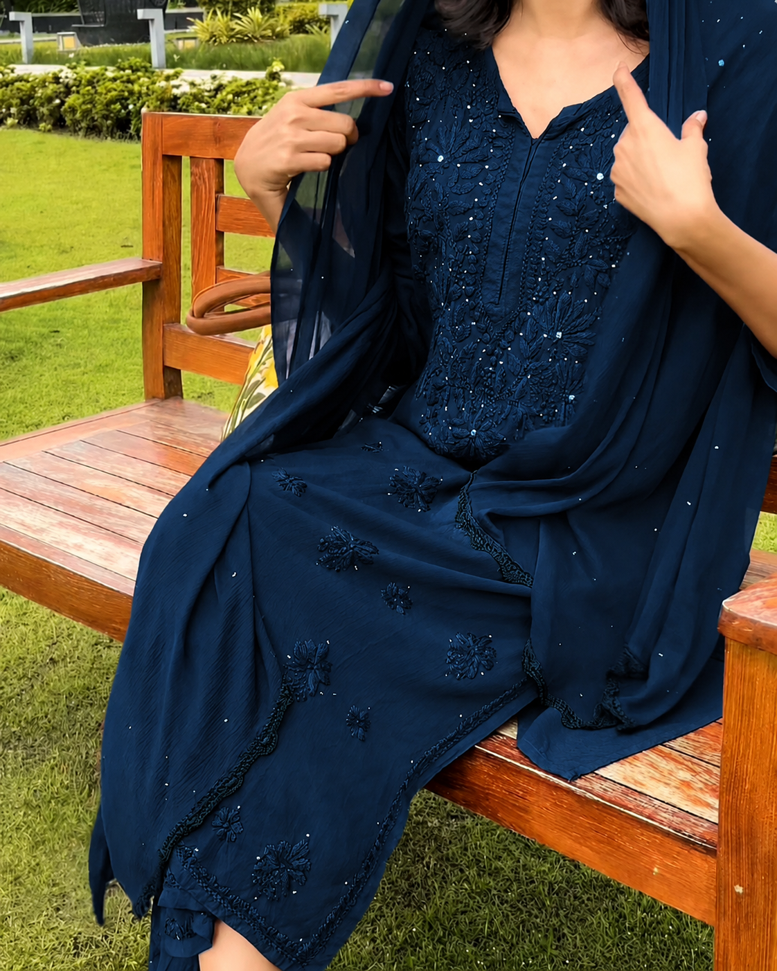 Deep Ocean Blue Premium Rayon Chikankari Kurta Palazzo Dupatta Set | Hand Embroidered with Mukesh Work (Plus Sizes)