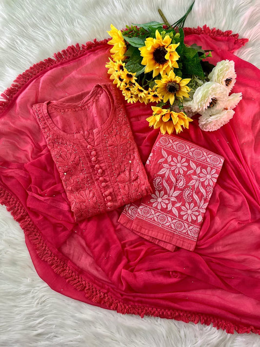 Pink Lucknowi Chikankari Dobby Cotton Kurti Set with Mukaish Work