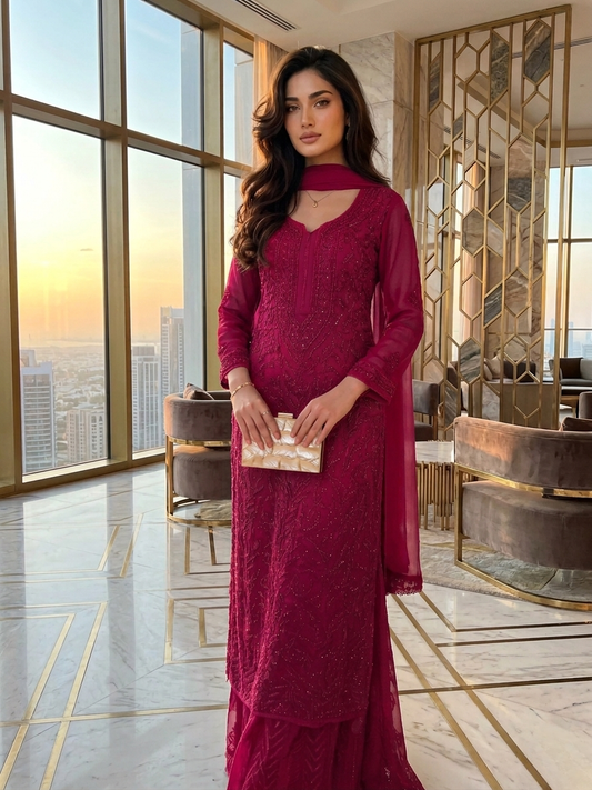 Deep Pink Ethereal Viscose Chikankari & Mukaish Work Ensemble