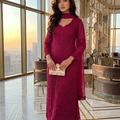 Deep Pink Ethereal Viscose Chikankari & Mukaish Work Ensemble