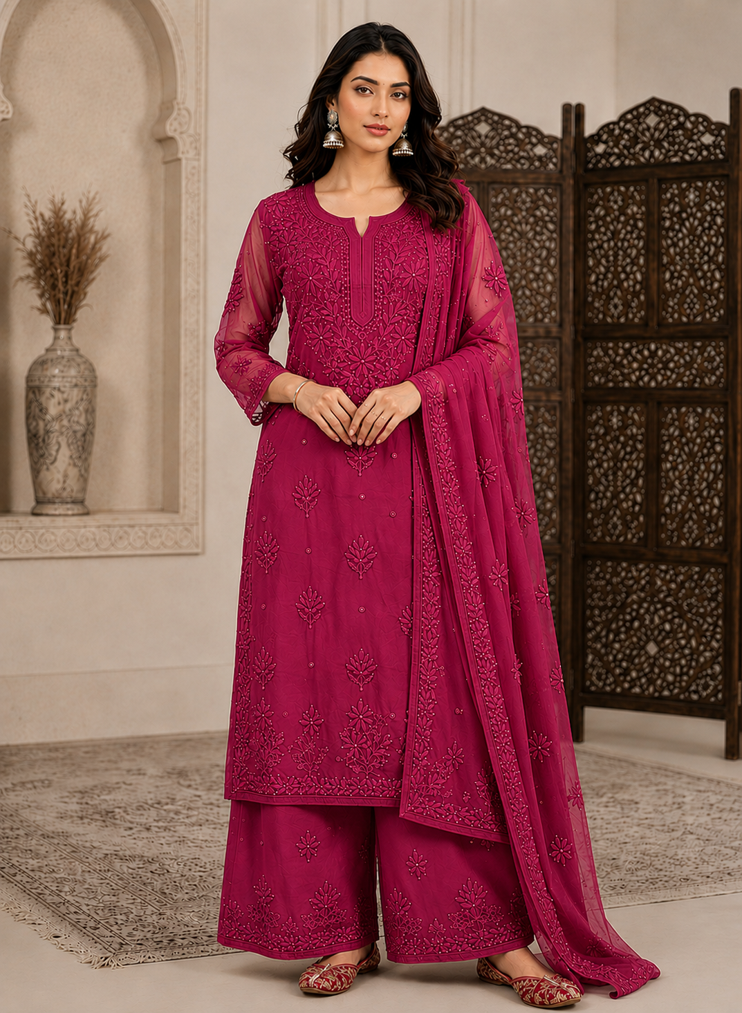 Deep Pink Viscose 3D Work Handcrafted Lucknow Chikankari Set
