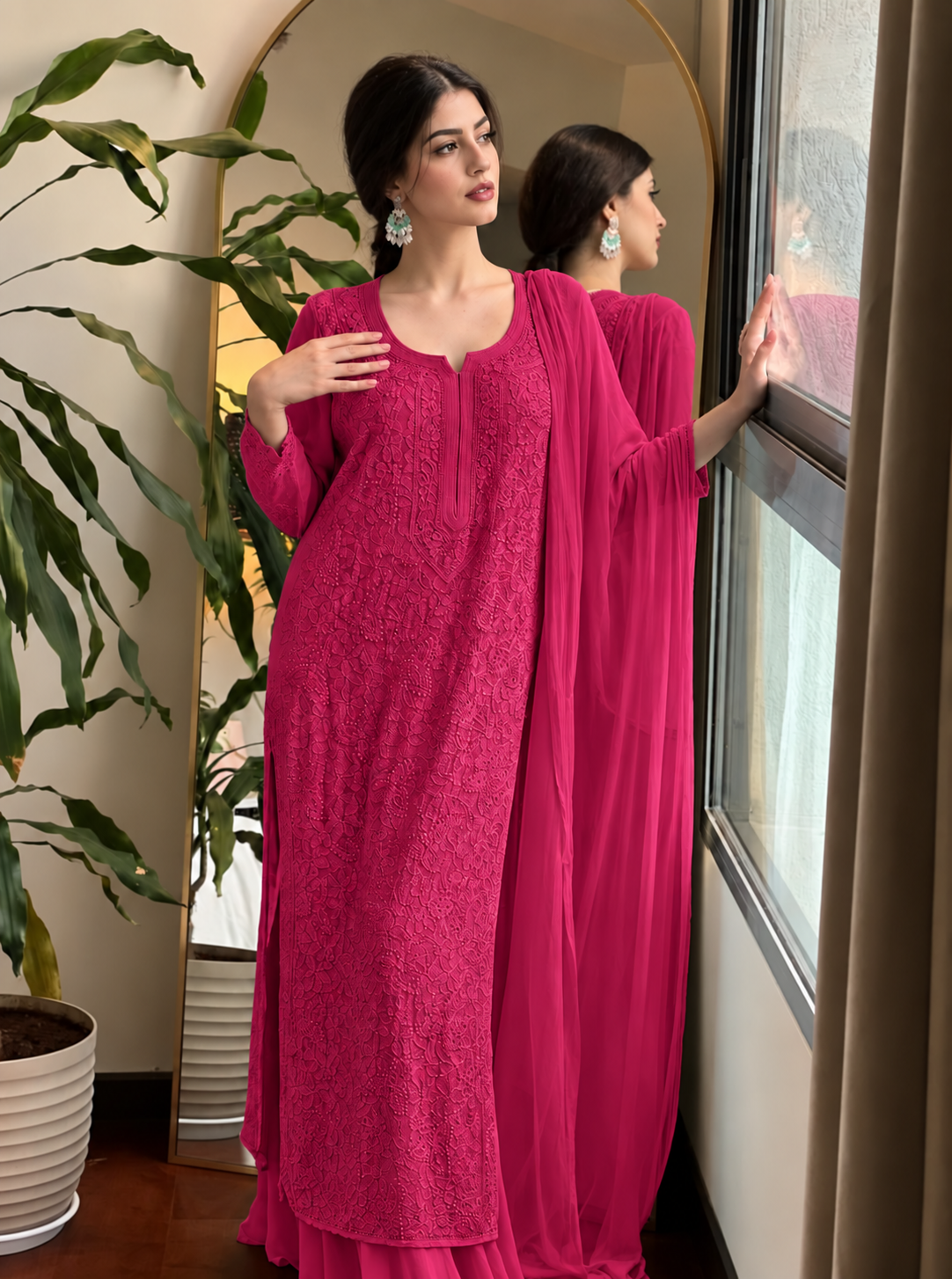 Premium Deep Pink Resham Viscose Jaal Kurti, Palazzo & Dupatta Set (New)