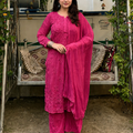 Deep Pink 3D Lucknow Chikankari Modal Kurta Palazzo & Dupatta Set