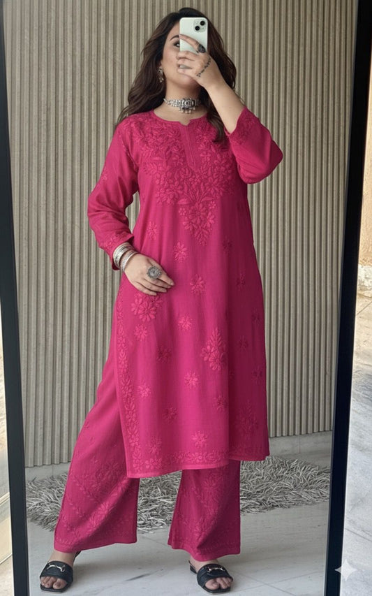 Deep Pink Lucknow Chikankari Rayon Kurta Palazzo Co-ord Set with Tone-to-Tone Hand Embroidery Plus Size