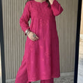 Deep Pink Lucknow Chikankari Rayon Kurta Palazzo Co-ord Set with Tone-to-Tone Hand Embroidery Plus Size