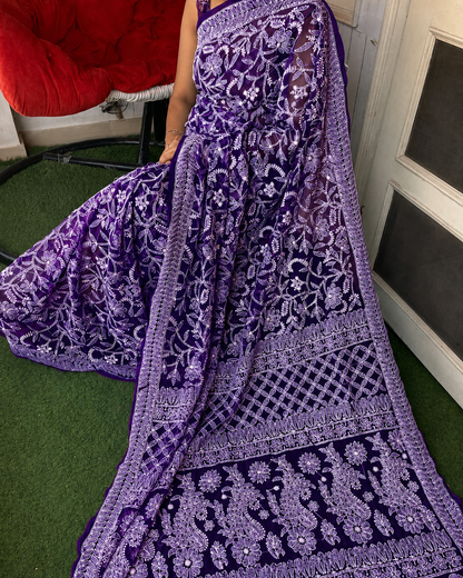 Deep Purple Color Full Jaal Chikankari Saree by Inayakhan (New)