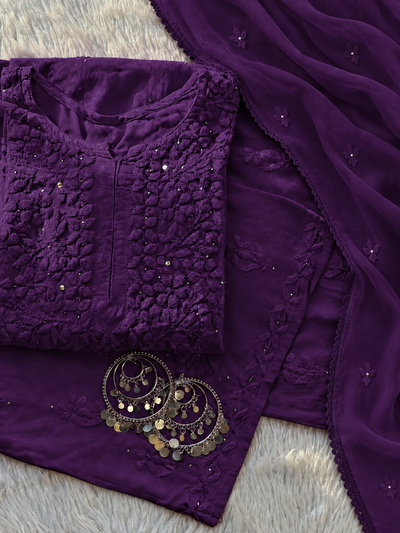 Deep Purple Cotton Lucknow Chikankari Kurti Palazzo Set with Mukaish Work
