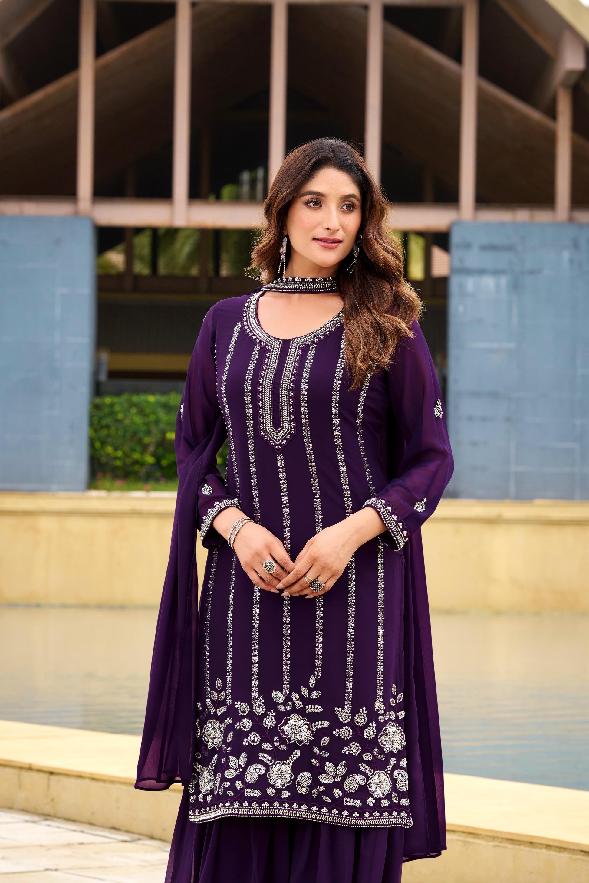 purple sharara dress Urban Fashion Thread Work Embroidered Dark Purple Sharara Suit LSTV113778