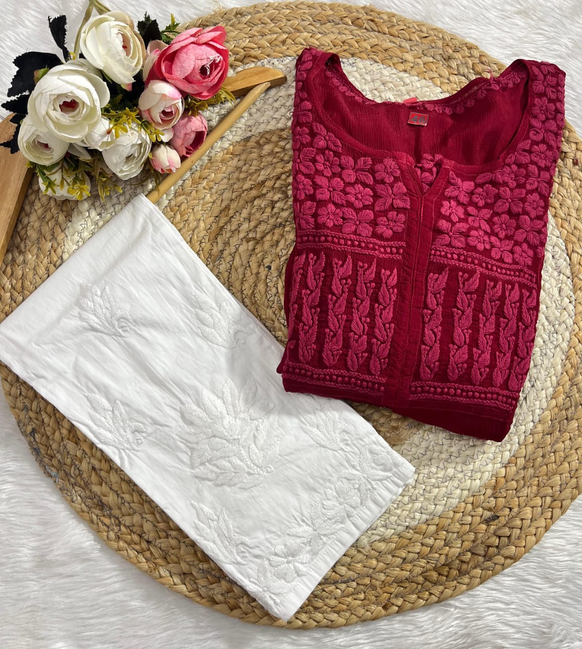 Maroon Chinon Nyra Style 3D handwork Lucknow Chikankari Kurti Set