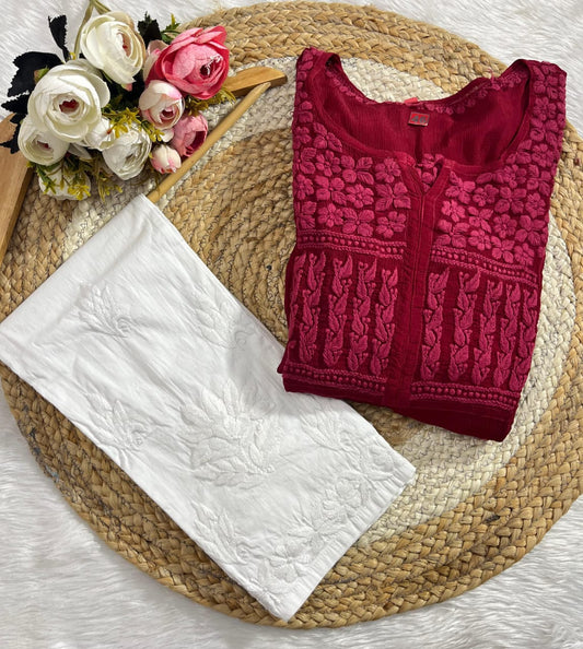 Maroon Chinon Nyra Style 3D handwork Lucknow Chikankari Kurti Set