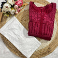 Maroon Chinon Nyra Style 3D handwork Lucknow Chikankari Kurti Set