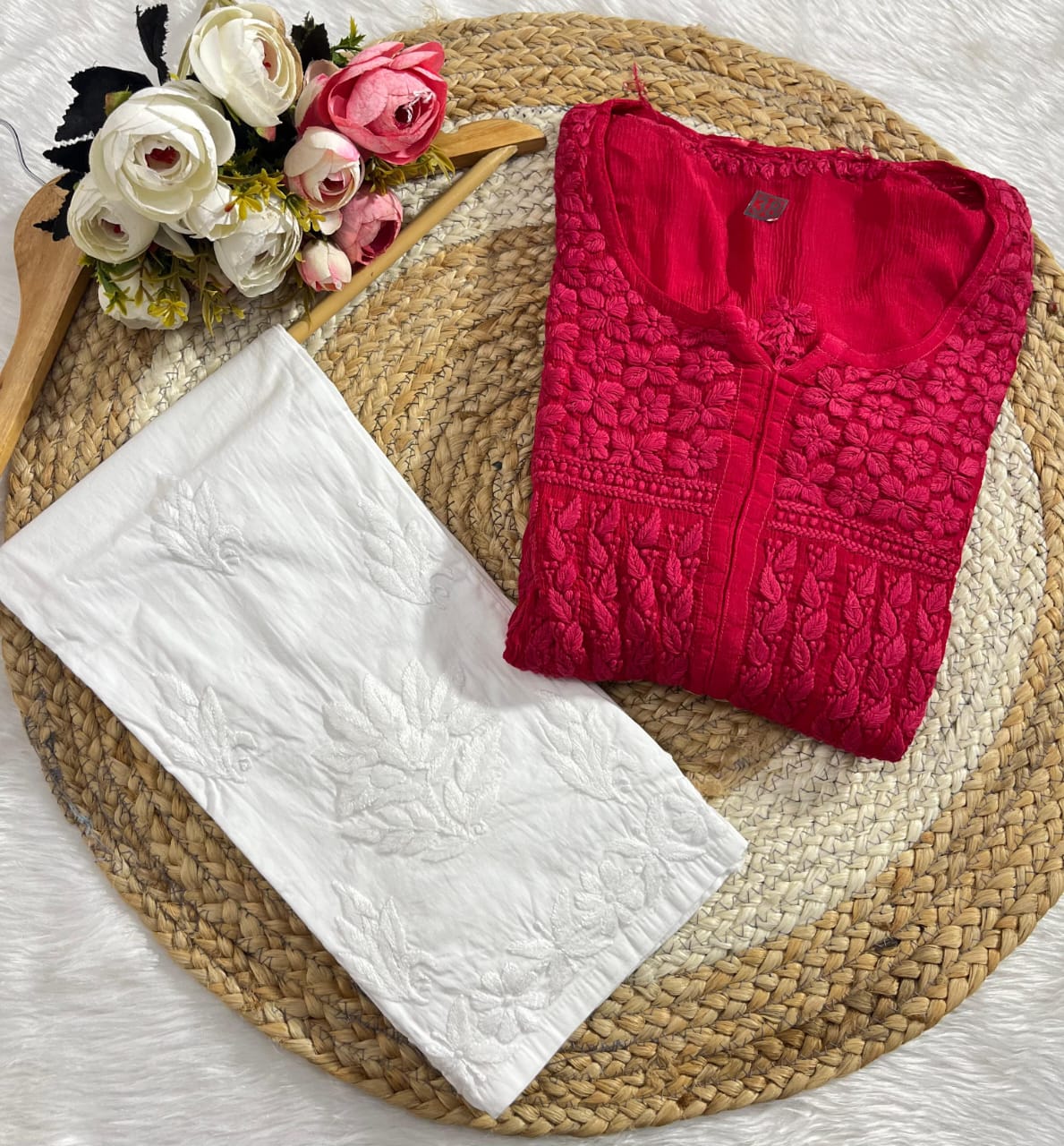 Red Chinon Nyra Style 3D handwork Lucknow Chikankari Kurti Set