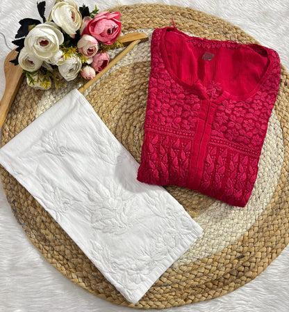 Red Chinon Nyra Style 3D handwork Lucknow Chikankari Kurti Set