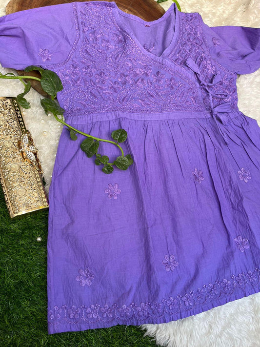 Delicate Purple Color Lucknow Chikankari Whisper mul mul Cotton Angrakha Style Short kurti - Inayakhan Shop 
