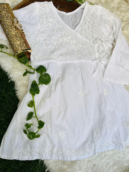 Delicate White Color Lucknow Chikankari Whisper mul mul Cotton Angrakha Style Short kurti - Inayakhan Shop 