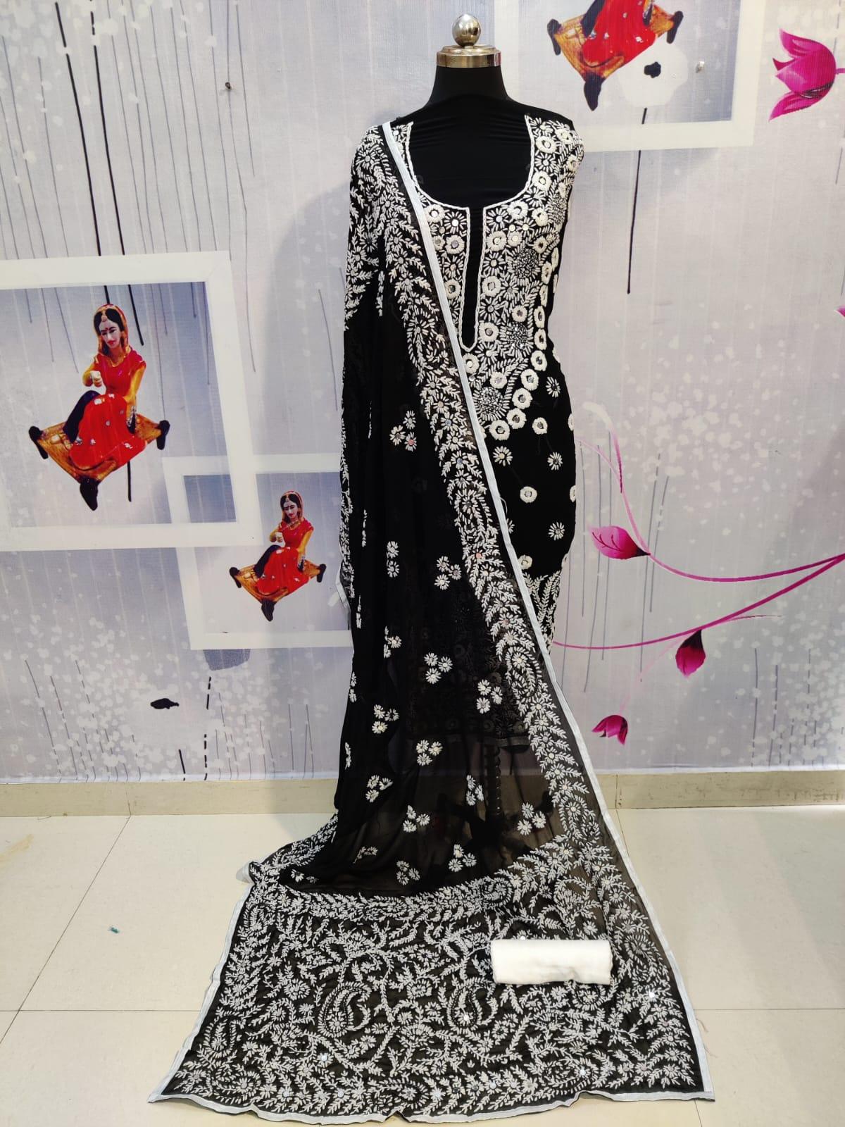 Design-2 Black Pure Georgette Kashmiri Heavy Suit with Mirror Handwork Embroidery - Inayakhan Shop 