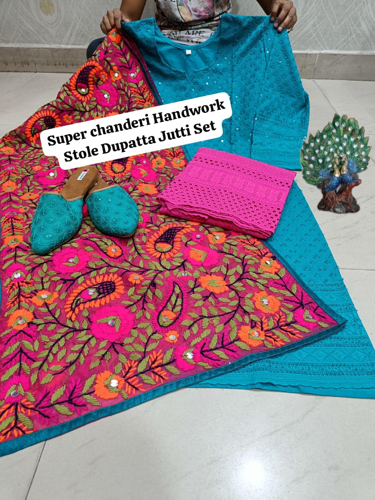 Design-2 Blue Pure Cambric Cotton Kurti with Beautiful Handwork Stole Dupatta Jutti Set - Inayakhan Shop 