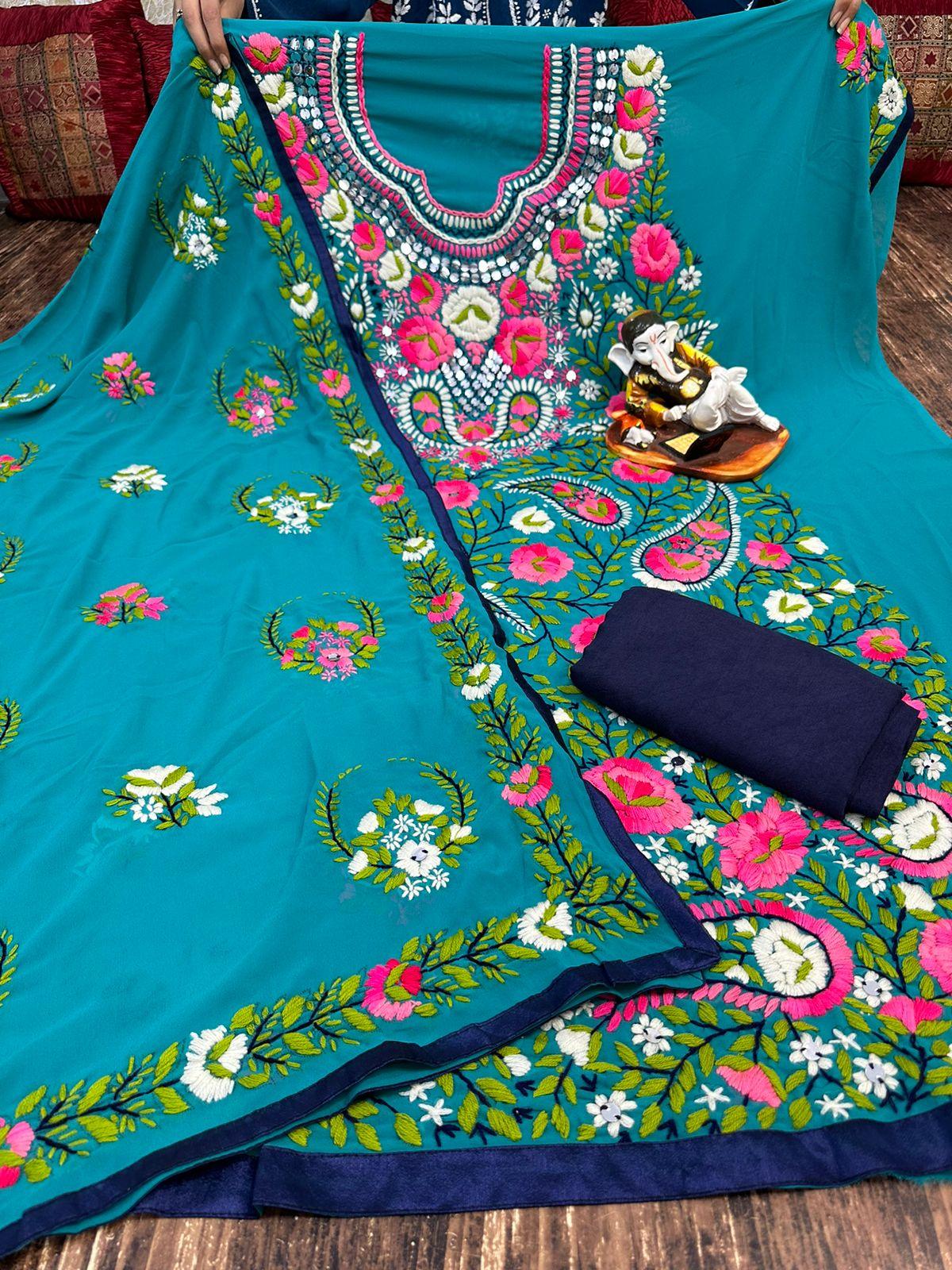 Design-2 Blue Super Georgette Phulkari Suits with Beautiful Embroidery Shopping Online - Inayakhan Shop 