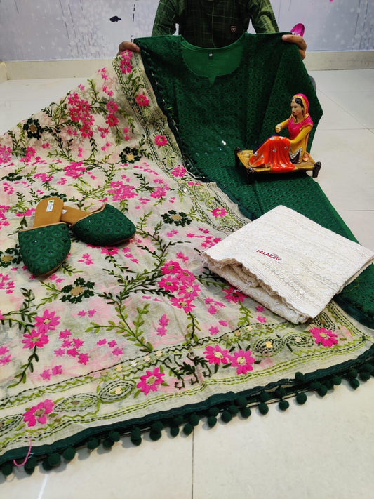 Design-2 Green Pure Cotton Phulkari Suit with Beautiful Handmade Mirror Work Shopping Online - Inayakhan Shop 