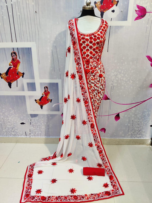Design-2 Orange Pure Georgette Kashmiri Heavy Suit with Mirror Handwork Embroidery - Inayakhan Shop 