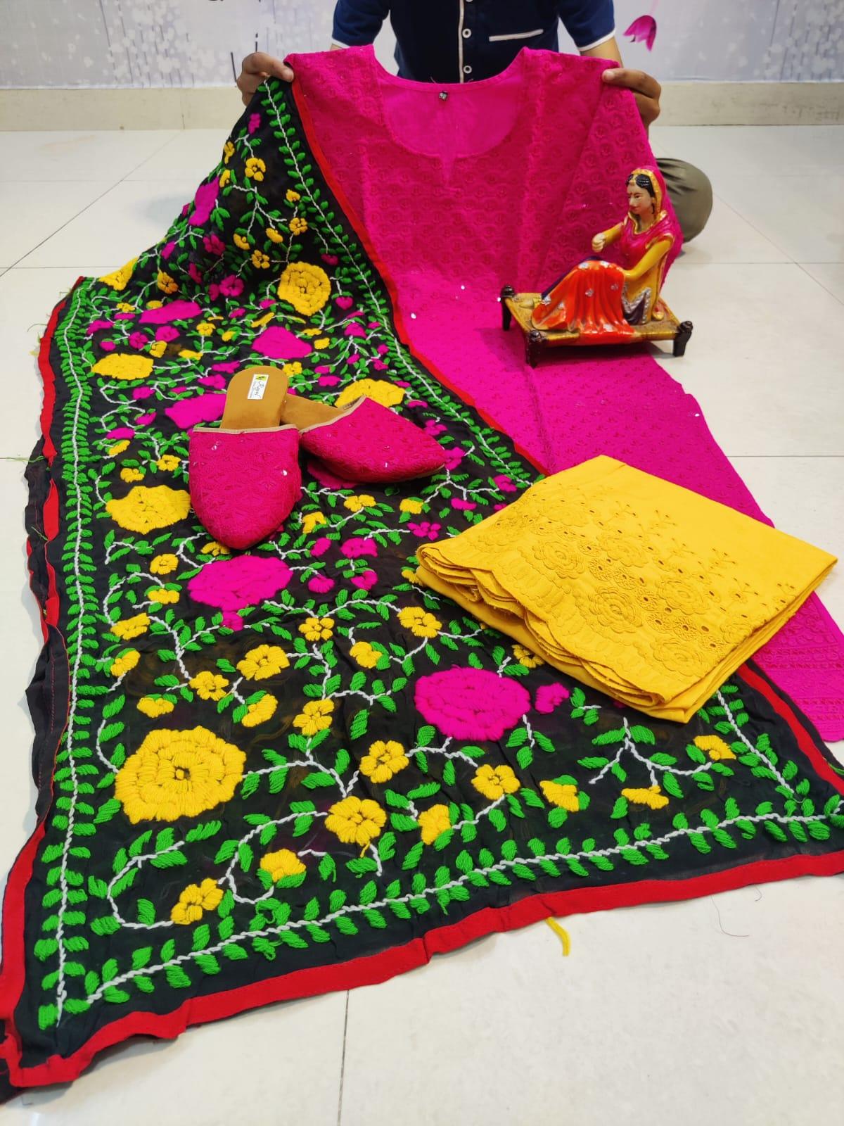 Design-2 Pink Cotton Phulkari Suit with Beautiful Chikan & Sequins Embroidery Work Shopping Online - Inayakhan Shop 