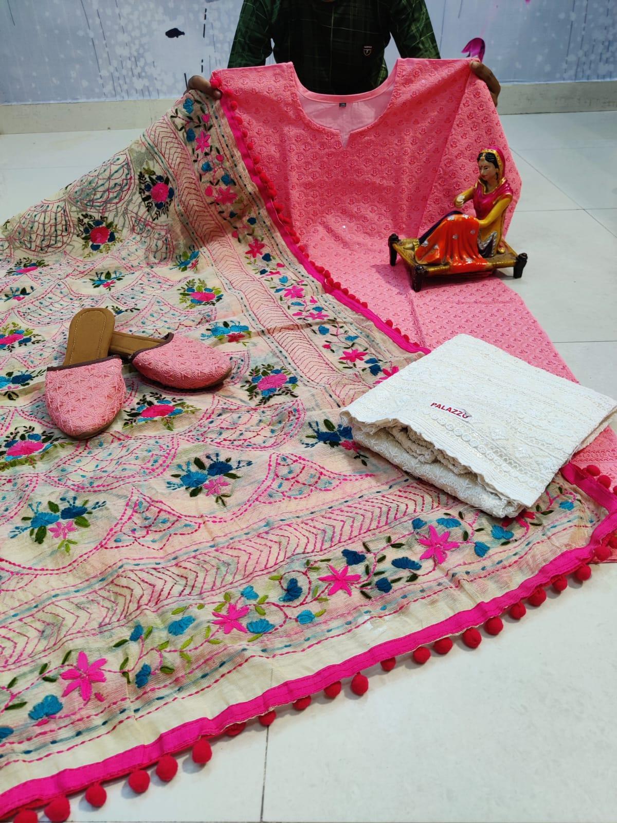 Design-2 Pink Pure Cotton Phulkari Suit with Beautiful Handmade Mirror Work Shopping Online - Inayakhan Shop 