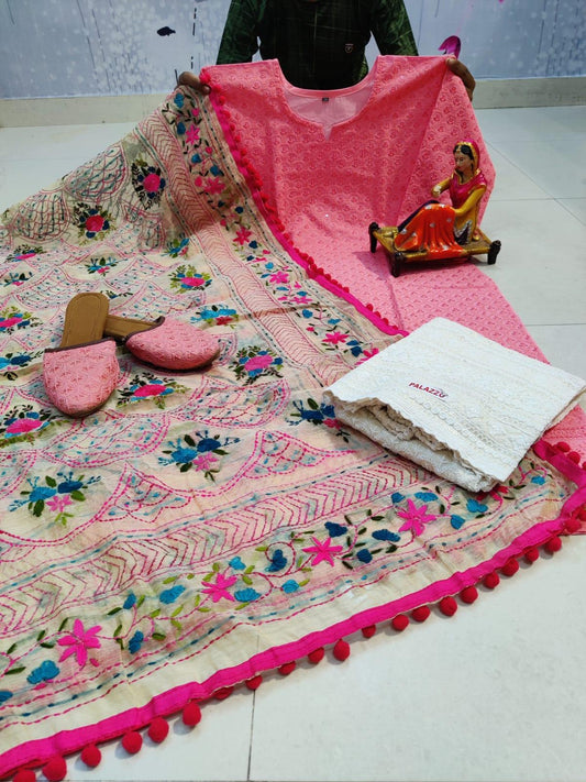 Design-2 Pink Pure Cotton Phulkari Suit with Beautiful Handmade Mirror Work Shopping Online - Inayakhan Shop 