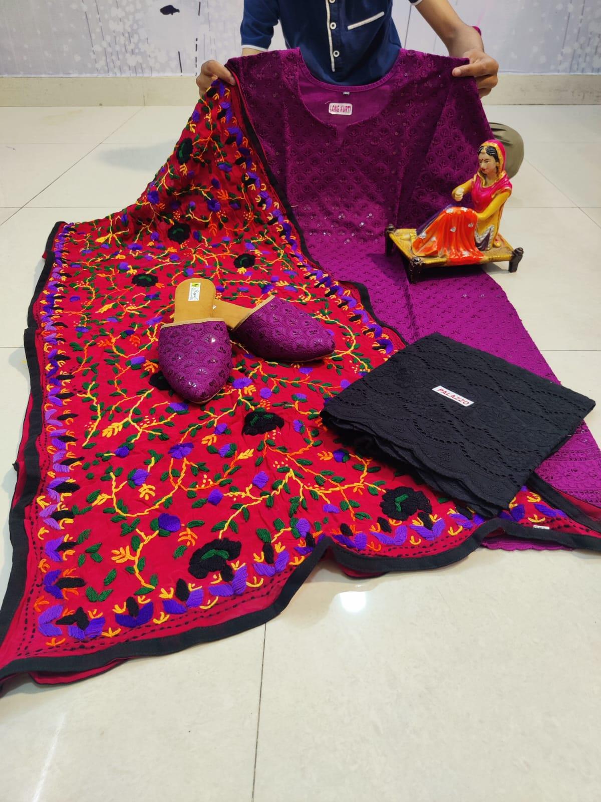 Design -2 Purple Cotton Phulkari Suit with Beautiful Chikan & Sequins Embroidery Work Shopping Online - Inayakhan Shop 