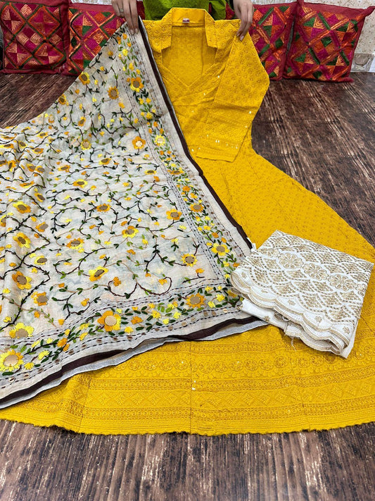 Design-2 Radiant Yellow Anarkali Set with Playful Pom Pom Dupatta Adorned with Sequence Work and Zari-Embroidered Chikan Palazzo. - Inayakhan Shop 
