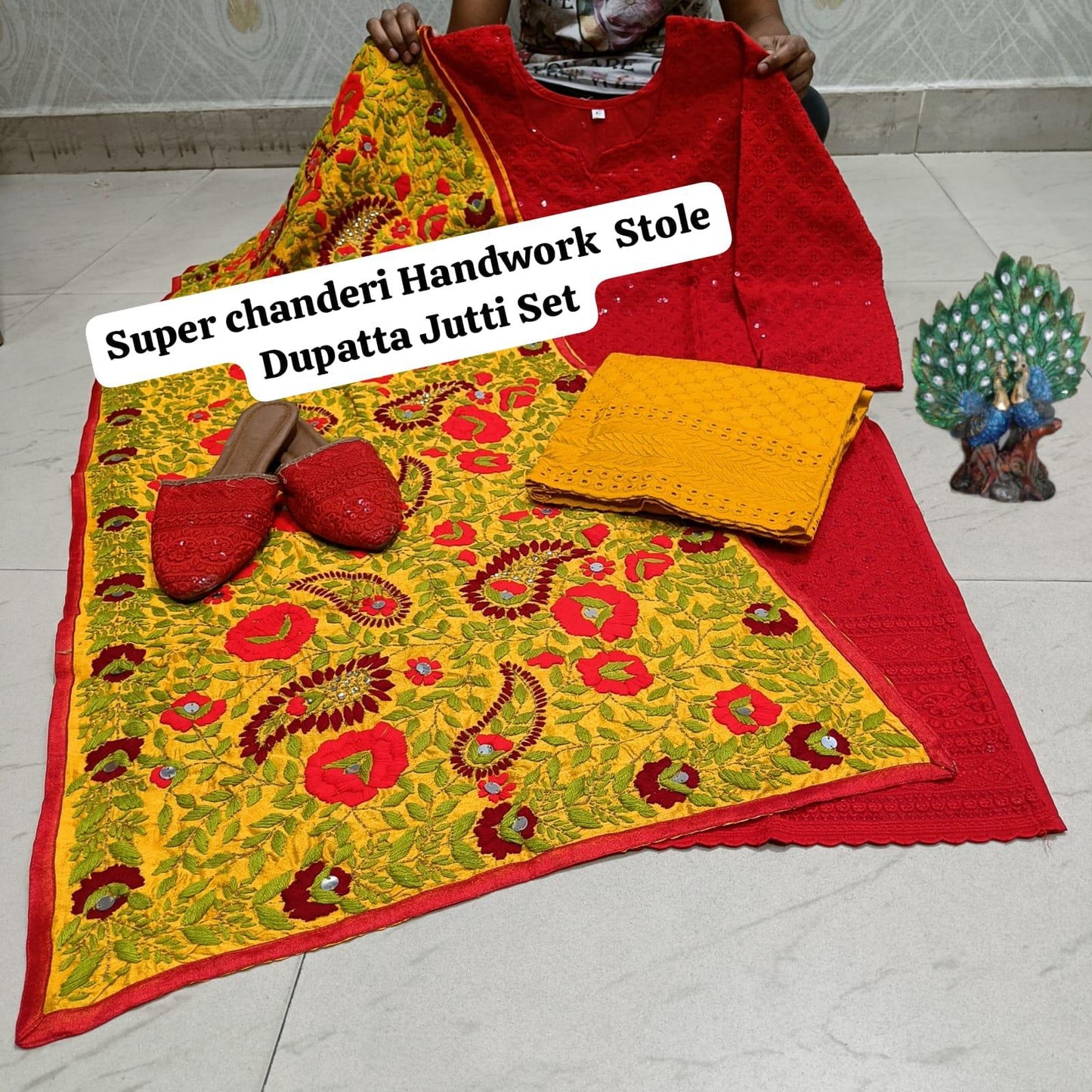 Design-2 Red Pure Cambric Cotton Kurti with Beautiful Handwork Stole Dupatta Jutti Set - Inayakhan Shop 