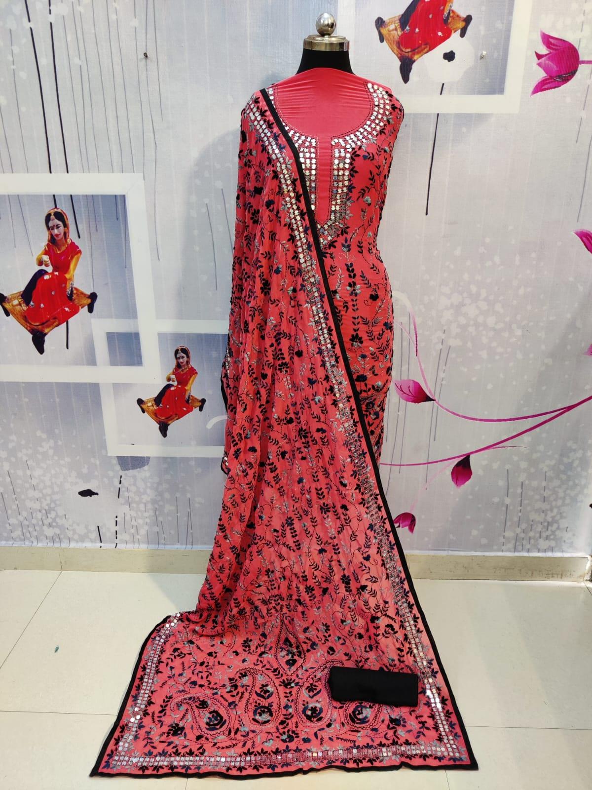 Design-2 Red Pure Georgette Kashmiri Heavy Suit with Mirror Handwork Embroidery - Inayakhan Shop 