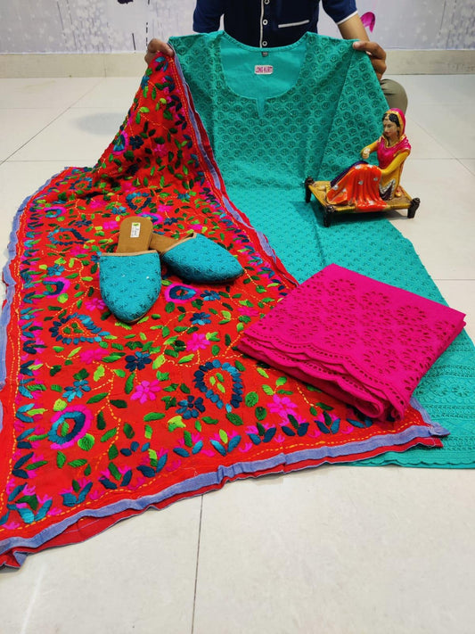 Design-2 Turquoise Blue Cotton Phulkari Suit with Beautiful Chikan & Sequins Embroidery Work Shopping Online - Inayakhan Shop 