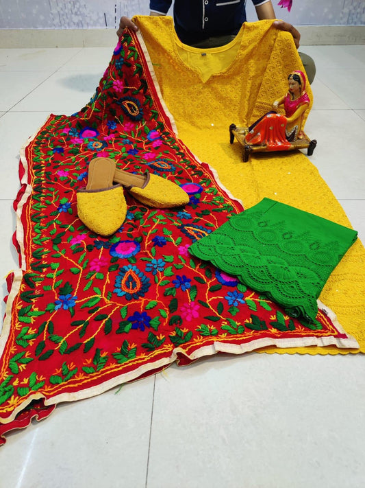 Design-2 Yellow Cotton Phulkari Suit with Beautiful Chikan & Sequins Embroidery Work Shopping Online - Inayakhan Shop 