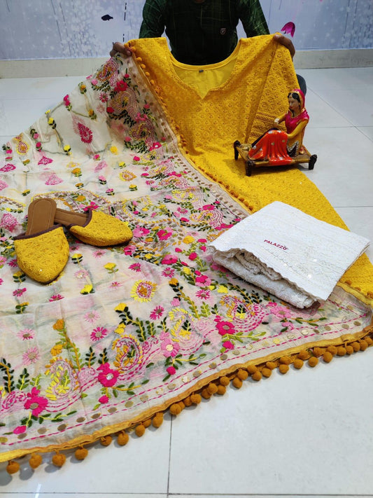 Design-2 Yellow Pure Cotton Phulkari Suit with Beautiful Handmade Mirror Work Shopping Online - Inayakhan Shop 