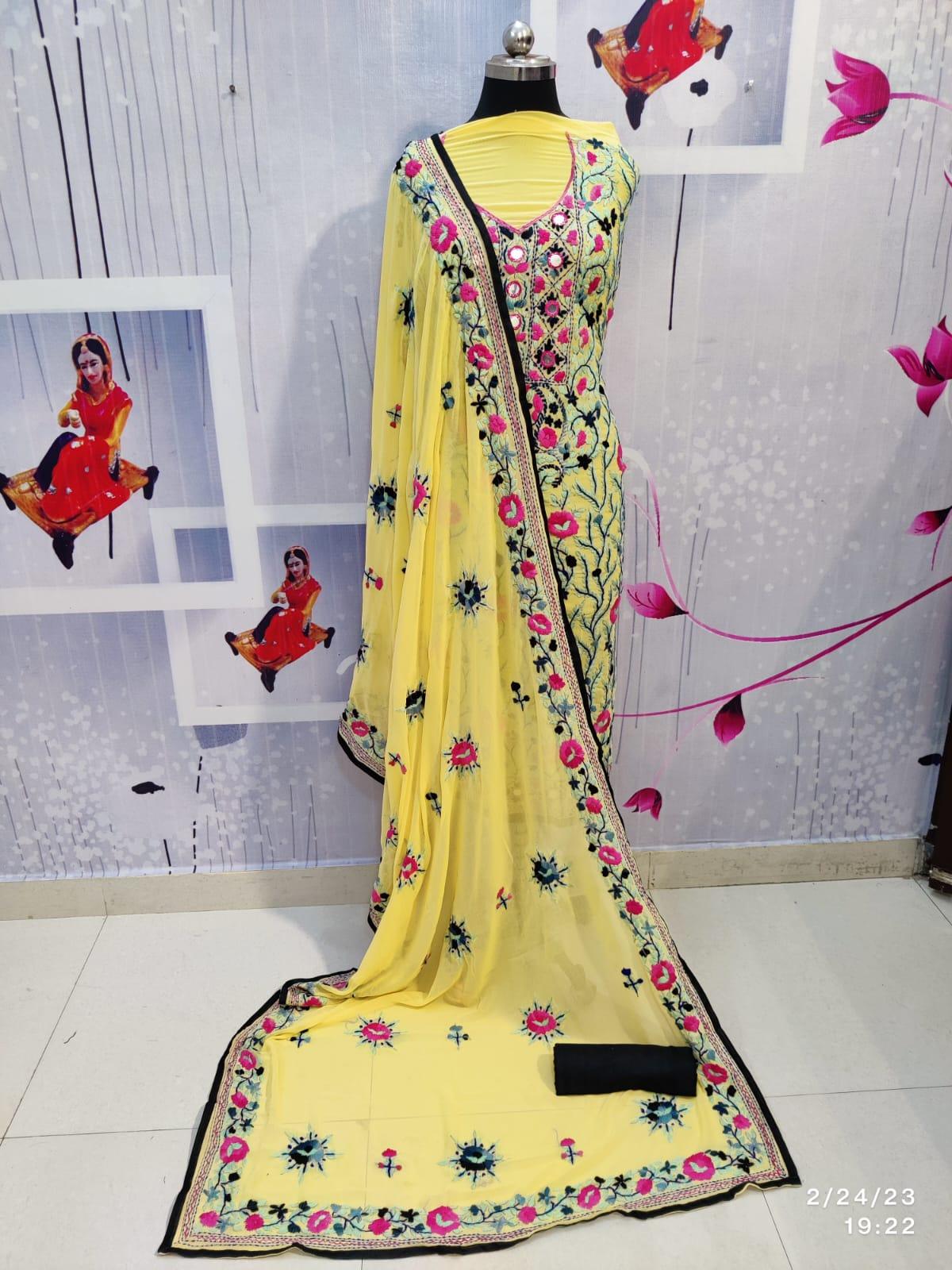 Design-2 Yellow Pure Georgette Kashmiri Heavy Suit with Mirror Handwork Embroidery - Inayakhan Shop 