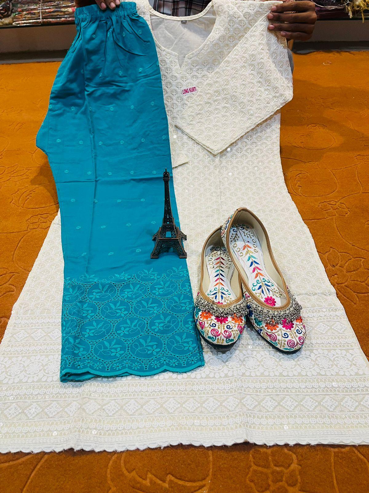 Design 3 - Exclusive 3-Piece Set: Chikan Sequins Work Kurta + Jutti + Digital Chikan Work Cambric Cotton Palazzo - Inayakhan Shop 