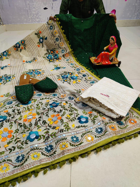 Design-3 Green Pure Cotton Phulkari Suit with Beautiful Handmade Mirror Work Shopping Online - Inayakhan Shop 