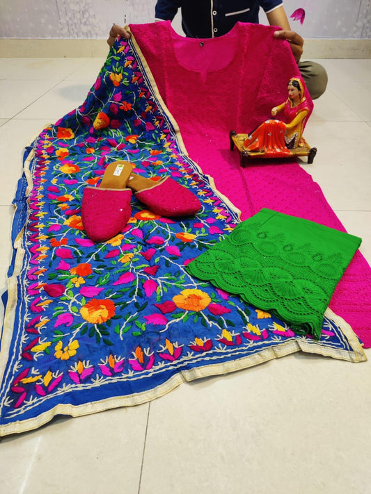 Design-3 Pink Cotton Phulkari Suit with Beautiful Chikan & Sequins Embroidery Work Shopping Online - Inayakhan Shop 