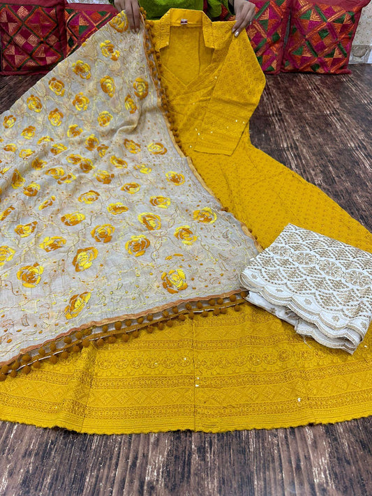 Design-3 Radiant Yellow Anarkali Set with Playful Pom Pom Dupatta Adorned with Sequence Work and Zari-Embroidered Chikan Palazzo. - Inayakhan Shop 