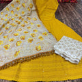 Design-3 Radiant Yellow Anarkali Set with Playful Pom Pom Dupatta Adorned with Sequence Work and Zari-Embroidered Chikan Palazzo.