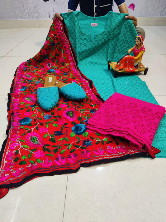 Design-3 Turquoise Blue Cotton Phulkari Suit with Beautiful Chikan & Sequins Embroidery Work Shopping Online - Inayakhan Shop 