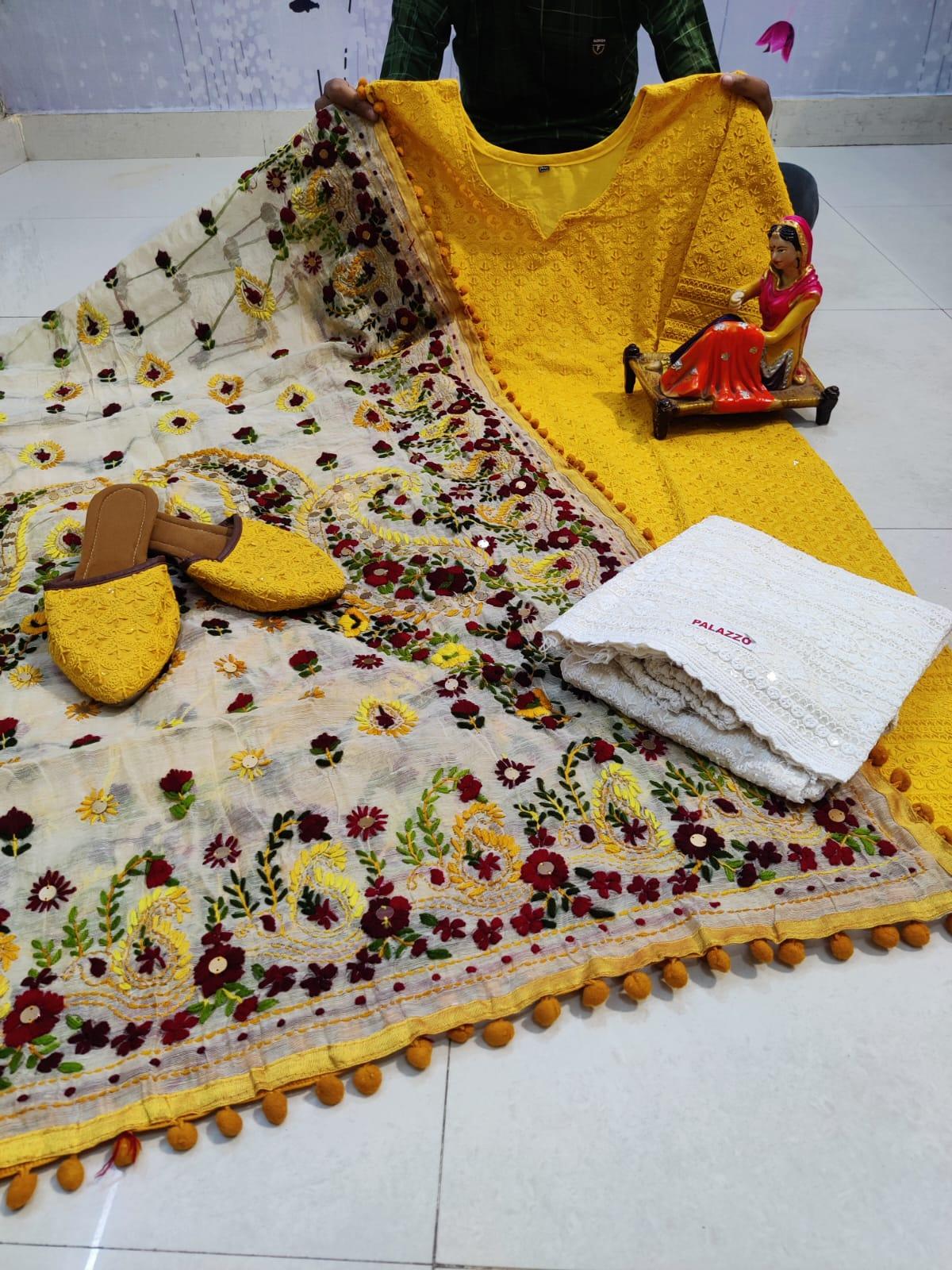 Design-3 Yellow Pure Cotton Phulkari Suit with Beautiful Handmade Mirror Work Shopping Online - Inayakhan Shop 