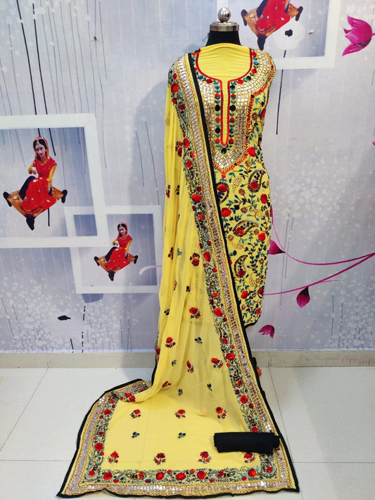Design-3 Yellow Pure Georgette Kashmiri Heavy Suit with Mirror Handwork Embroidery - Inayakhan Shop 