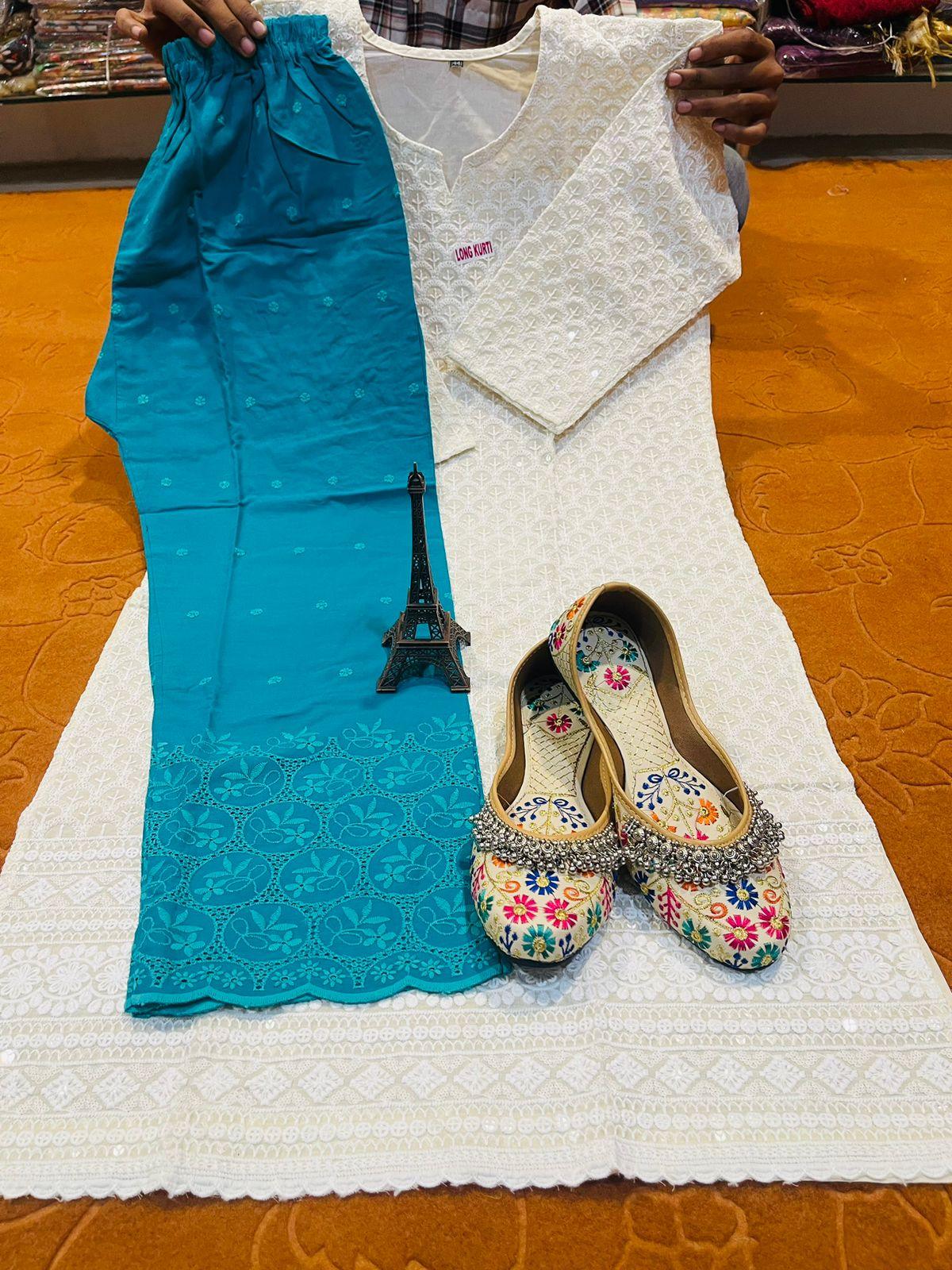 Design 4 - Exclusive 3-Piece Set: Chikan Sequins Work Kurta + Jutti + Digital Chikan Work Cambric Cotton Palazzo - Inayakhan Shop 