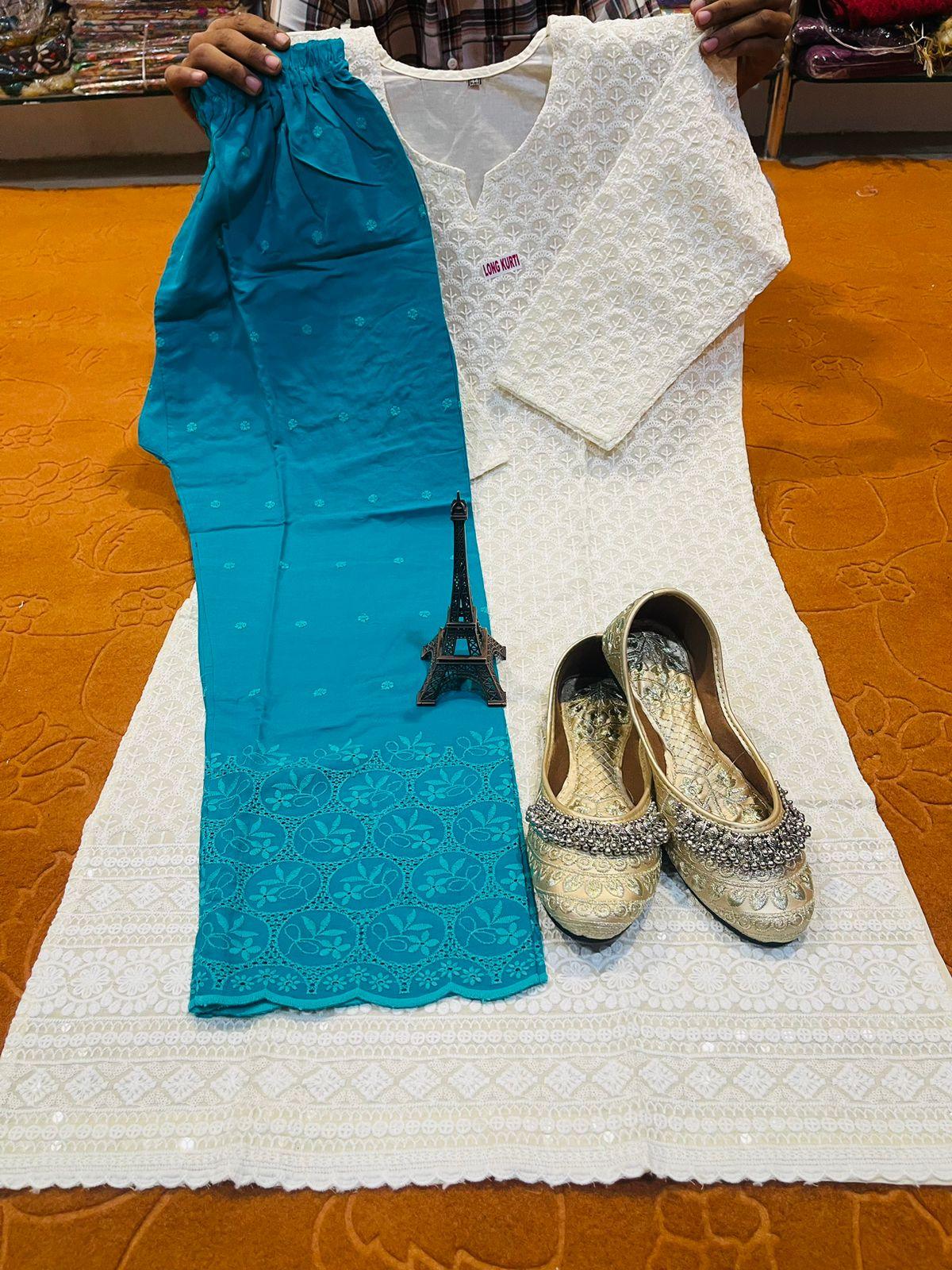 Design 5 - Exclusive 3-Piece Set: Chikan Sequins Work Kurta + Jutti + Digital Chikan Work Cambric Cotton Palazzo - Inayakhan Shop 