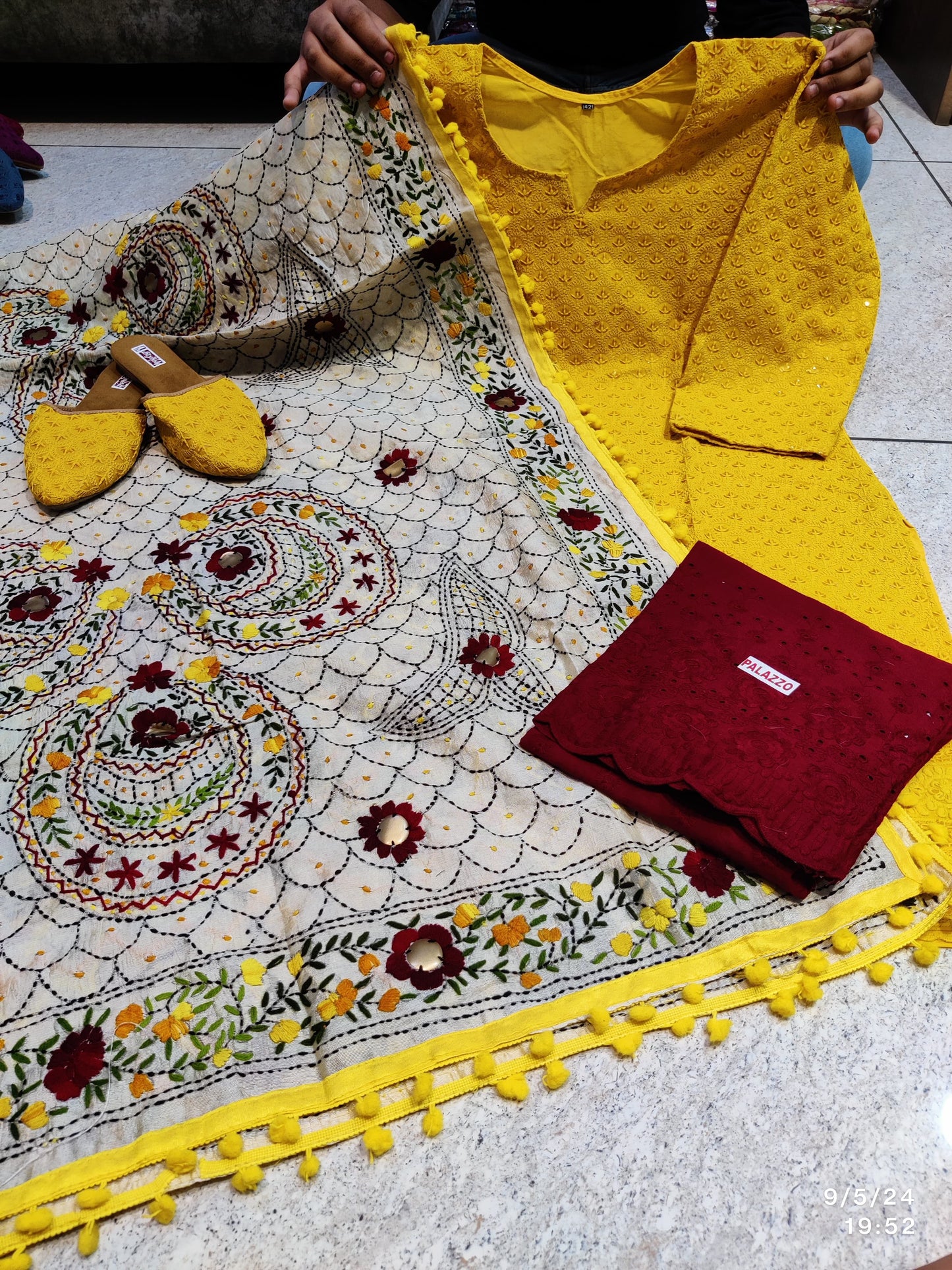 Yellow 4-Piece Punjabi Kurta Salwar Set with Phulkari Mirror Work Dupatta and Jutti